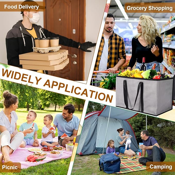 12 Pcs Large Insulated Food Delivery Bag Bulk XXXL Reusable Grocery Bags Foldable Catering Insulated Cooler Bag with Sturdy Handles for Takeout Shopping Camping Warmer/frozen(Gray)