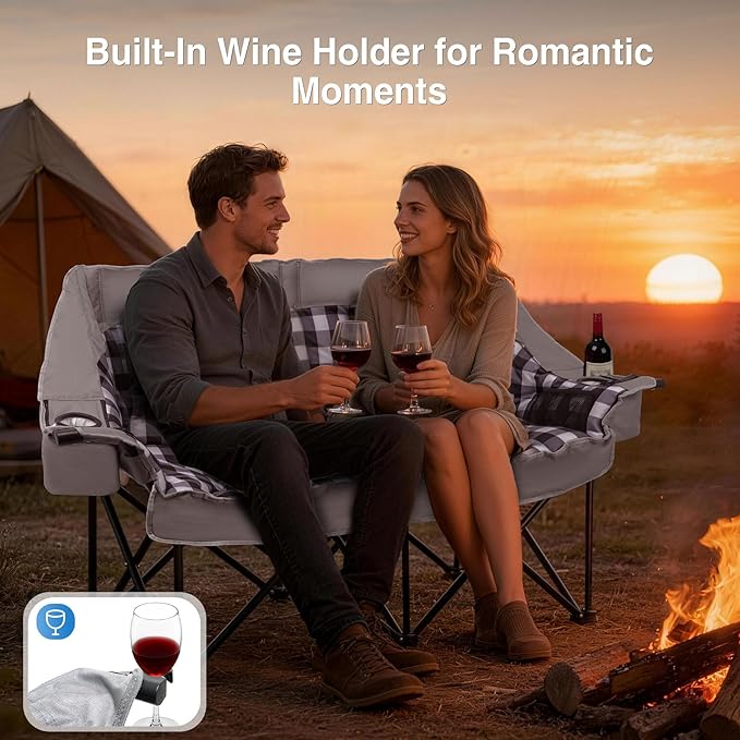 Suteck Double Camping Chair Oversized Padded Camping Couch w/Independent Seats 1200D Oxford Folding Camping Loveseat w/2 Cup &amp Wine Glass Holders Cooler Bags &amp Side Pocket for Camping Lawn