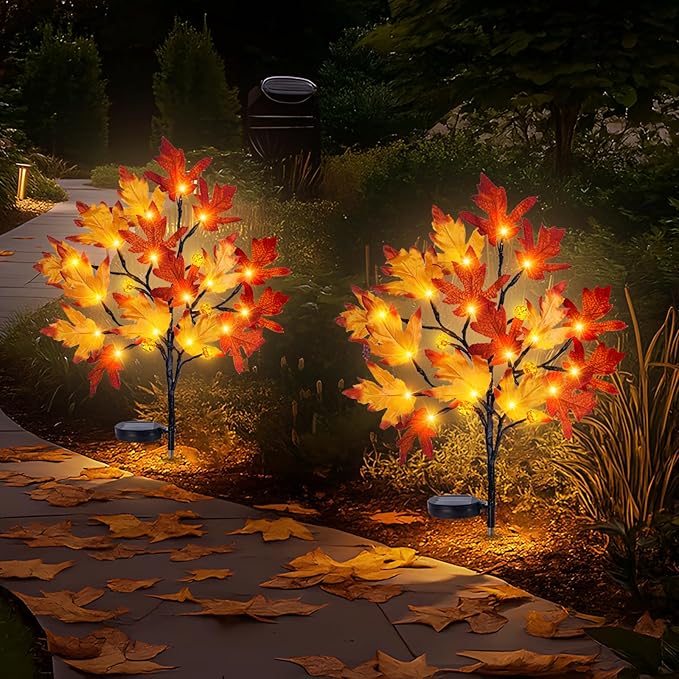 Fall Solar Pathway Lights 4PCS Autumn Outdoor Harvest Decorations Waterproof Maple Leaves Lights for Lawn Yard Garden Patio Walkway Driveway Landscape Lighting Auto On/Off