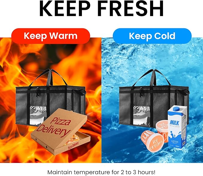 NZ home Insulated Bags for Food Delivery (3XL) Grocery Shopping Cooler Bag Pizza Delivery Hot &amp Cold Catering Tote Reusable Foldable &amp Heavy Duty (10 Pack Black)