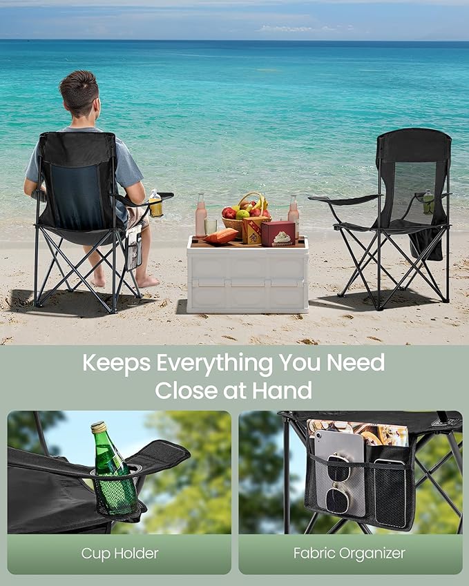 SONGMICS Breathable Camping Chairs Foldable Outdoor Chairs Set of 2 High Back Adjustable Armrests Drink Holder Weight Capacity 330 lb for Sports Garden Backyard Ink Black UGCB028B02