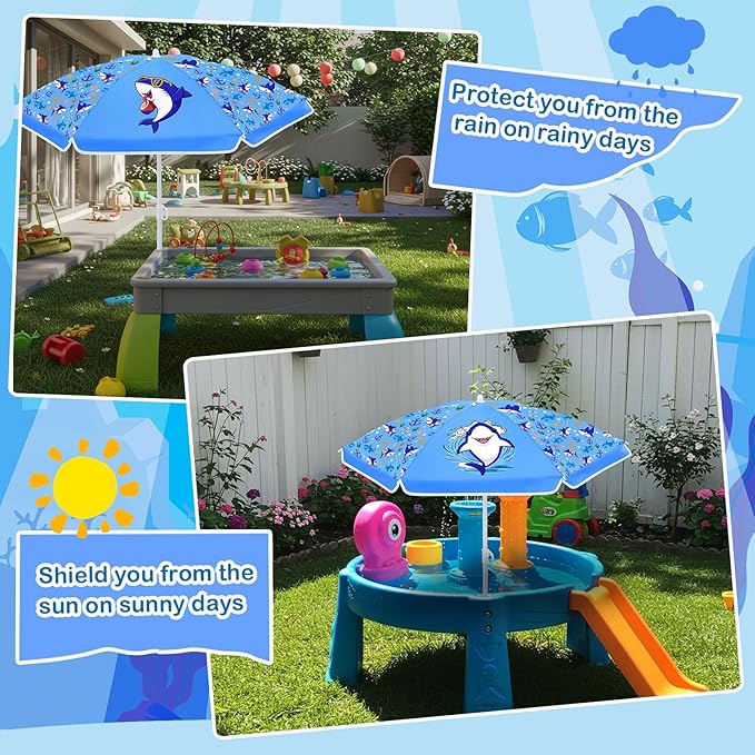 Sweetude Water Table Umbrella (Table Not Included) Kids Seaside Beach Umbrella Picnic Canopy for Summer Toddlers Sand Beach Camping Garden Outdoor Pool Shade Party Supply(Shark Theme)