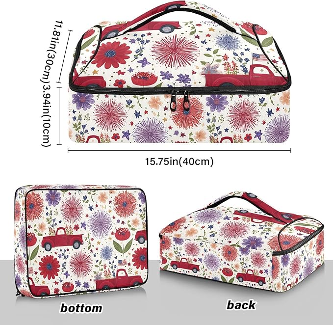 Casserole Carrier Red Truck FlowersInsulated Casserole Carrier for Hot or Cold Food Thermal Lunch Tote for Potluck Parties Picnic Beach Fits 9 x 13 Inches Baking Dish