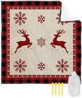Beach Blanket Waterproof Sandproof OversizedChristmas Farm Buffalo Grid Beach Mat with Corner Stakes Sand PocketsLinen Texture Red Elk Snowflakes Outdoor Picnic Mat for Travel Camping 118x108In