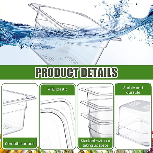 Rtteri 22 Pcs 1/6 Size Clear Plastic Pans Set: 16 Food Prep Containers &amp 2 Tongs &amp 4 Spoons for Salad Bar Buffet Restaurant Hotel Commercial Home for Fruit Vegetable Sauce Bean Corn Deli(4 Inc
