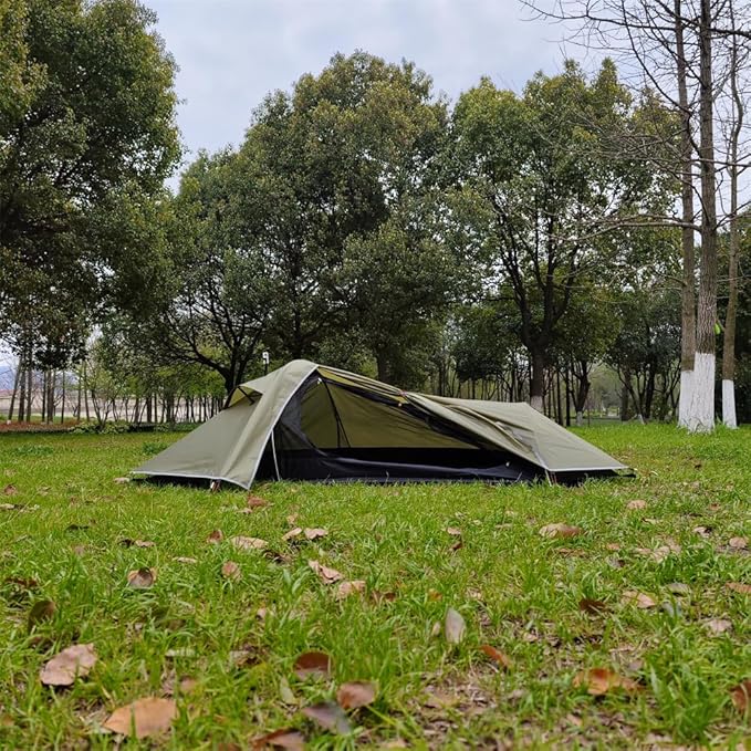 Backpacking Tent 1 Person Ultralight Aluminum Pole Stormproof Camping Tent Suitable for Four Seasons Single Person TentBest one Person Tent Armygreen