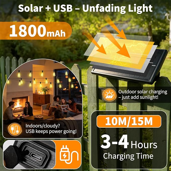 Outdoor Solar String Lights Waterproof: ST38 50ft Shatterproof Patio Lights - Solar Powered &amp USB Dual Charging - 3 Modes Button Control - Garden Backyard Gazebo Porch Party Decor