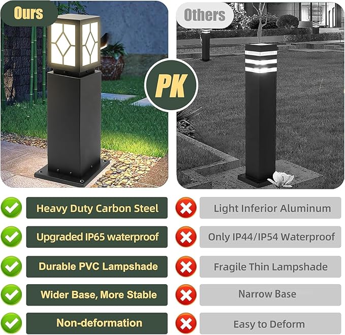 Landscape Path Lights 24 IP65 Waterproof Bollard Lights Heavy Duty Steel Stable Widened Base E27 Lamp Holder Modern Outdoor Path Lights Bollard for Lawn Patio Courtyard Driveway Lozenge 1pack