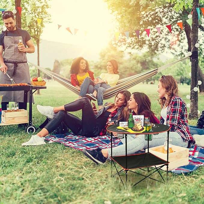Camping Table Portable Folding Camping Side Table for Outdoor Picnic Beach Games Camp &amp Patio Tables Folding with 4 Cup Holders &amp Carry Case for Travel &amp Storage Premium 600D Canvas&a