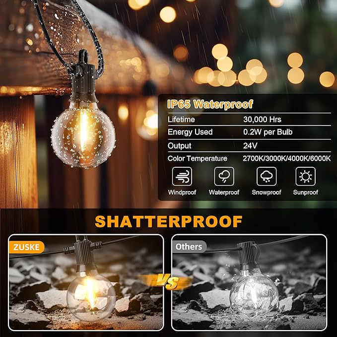 Outdoor String Lights 100FT 4-Color LED Patio Lights with 50 Shatterproof G40 Globe Bulbs Waterproof Hanging Lights for Outside Backyard Porch Balcony Gazebo 2700K/3000K/4000K/6000K