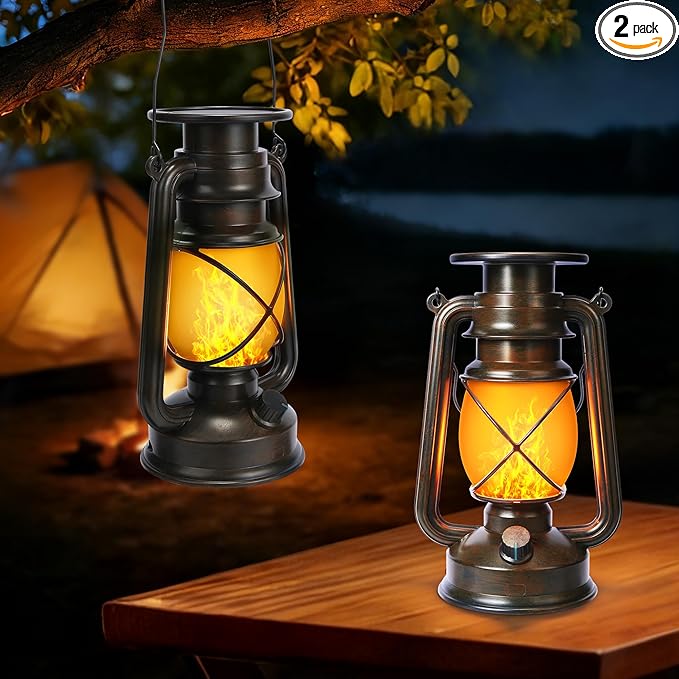 Toodour Solar Lantern Outdoor Lights 2 Pack Bronze Vintage LED Lantern with 2 Modes Waterproof Hanging Solar Lights for Camping Patio Garden Yard Outdoor Decorations