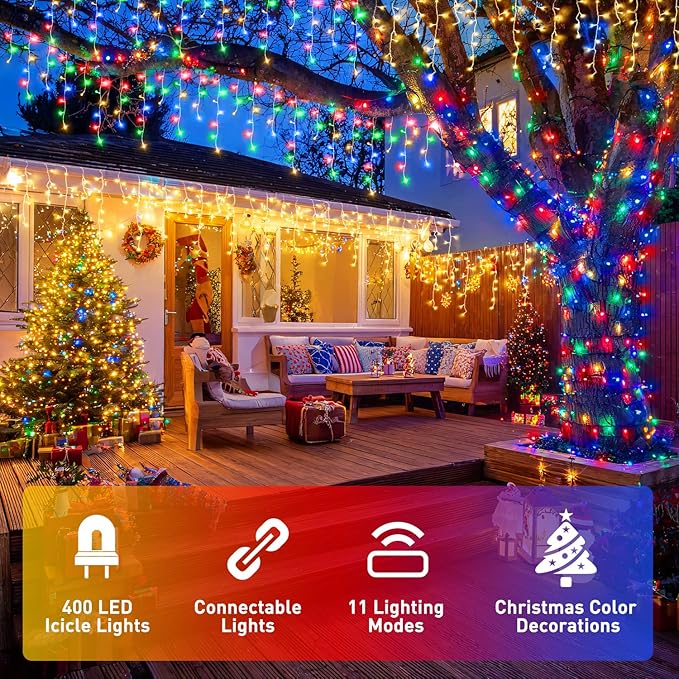 JMEXSUSS Color Changing Outdoor Waterproof Icicle Lights 400 LED with Remote Warm White to Multicolor for Christmas Eaves Party Decorations