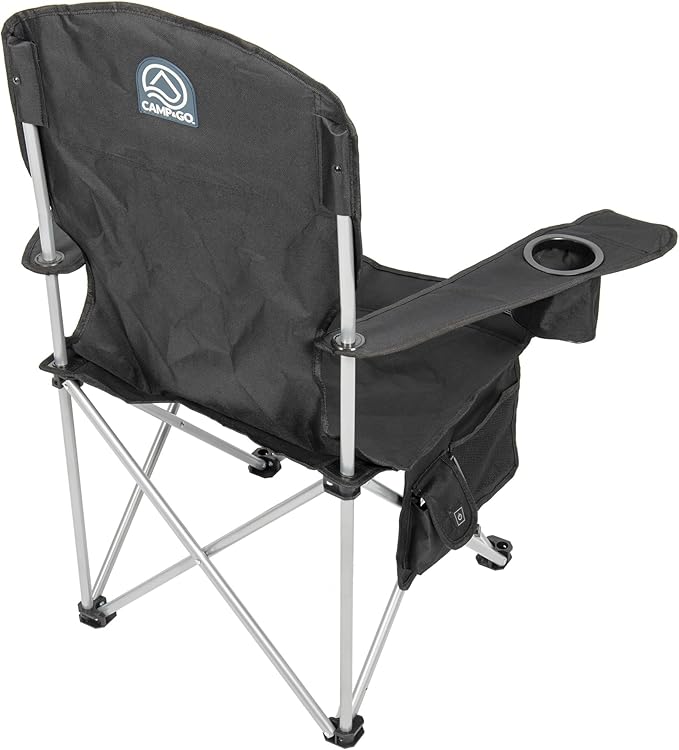 CAMP &amp GO Heated Deluxe Quad Camping Chair Folding Heated Chair with 18 USB Cable Storage Compartment and Cup Holders Black