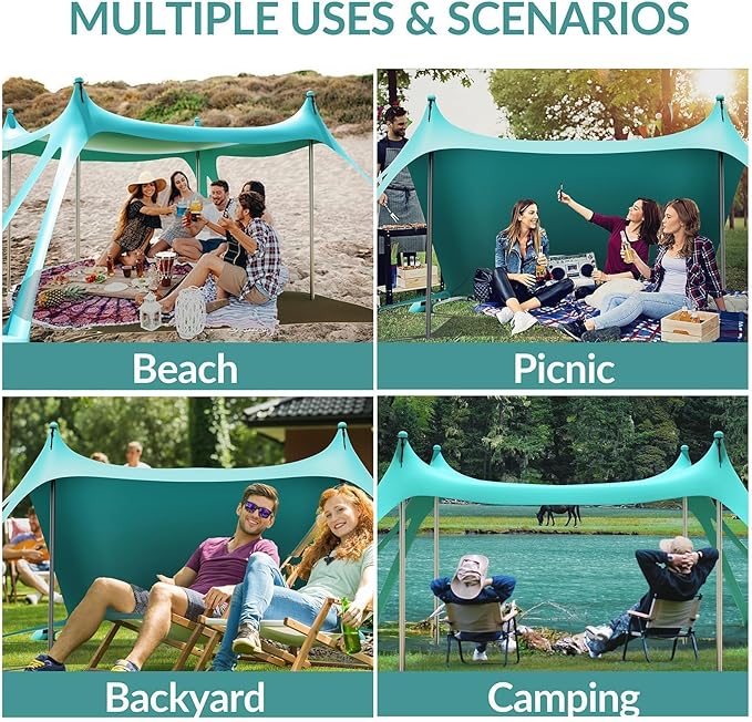 Gardentime Beach Tent Canopy with 8 Sandbags 4 Aluminum Poles Pop Up Portable Camping Sun Shelter Easy Set Up with 2 Sand Shovel Ground Pegs Carrying Bag for Outdoor BeachPicnic Fishing
