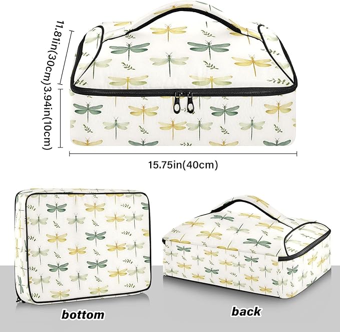 Casserole Carrier Elegant Pattern DragonfliesInsulated Casserole Carrier for Hot or Cold Food Thermal Lunch Tote for Potluck Parties Picnic Beach Fits 9 x 13 Inches Baking Dish
