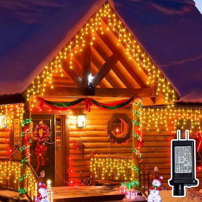 Christmas Outdoor Icicle Lights - 480 LED 66+33 FT 8 Modes Curtain Fairy String Light Plug in Waterproof for Eaves Yard Holiday Xmas Holiday Indoor Outdoor Decoration - Warm White