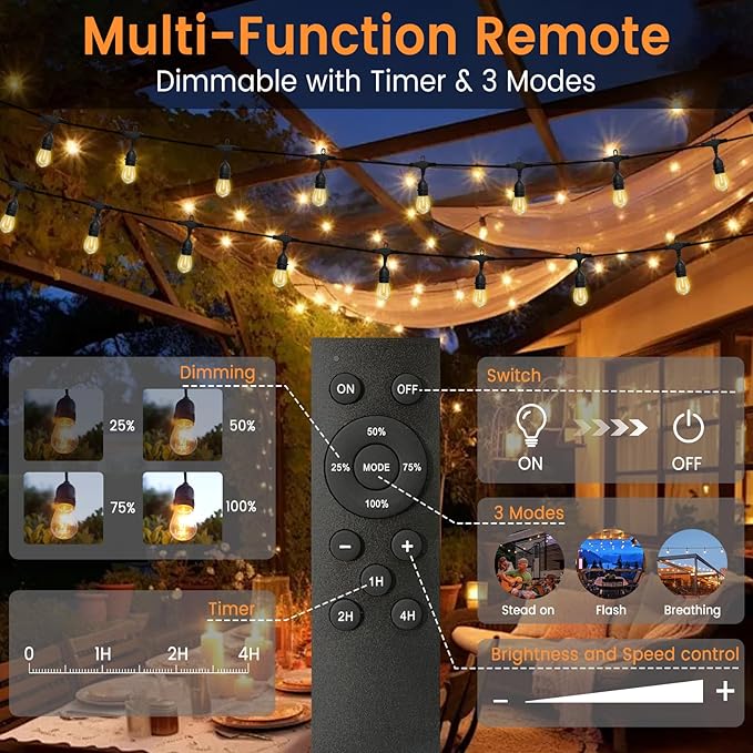 48ft Outdoor String Lights with Remote &amp Dimmer24+2 Commercial Grade IP65 Waterproof Bulbs 2700K Warm White3 Lighting Modes &amp TimerIncludes 30 Cable Ties for PatioGarden Party