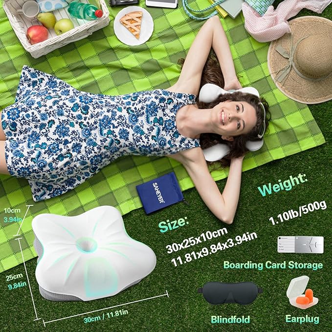 SAHEYER Memory Foam Travel Cervical Pillow Small Camping Pillows for Sleeping with Strap Neck Support Camping Gear Accessories - Travel Essentials for Sleeping Backpacking Hammock Gray
