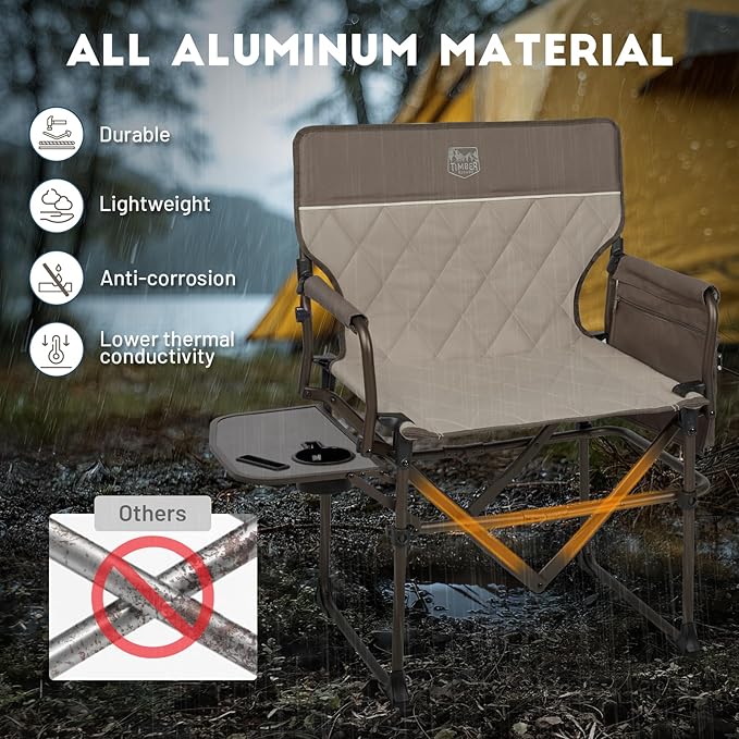 TIMBER RIDGE 2 Pack Aluminum Camping Directors Chair with Side Table Pocket Portable Folding Heavy Duty Lawn Chair for Fishing Trip Picnic Concert Outdoor 400lbs Tan