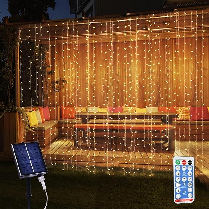 300LED Solar Curtain Lights Outdoor Indoor 8 Modes Solar Fairy Curtain String Lights Waterproof Twinkle Lights for Home Garden Patio Gazebo(Warm White)