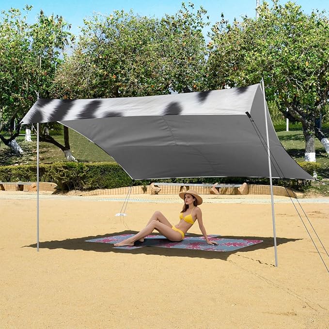 Dalmatian Fur Texture Beach Tent Sun Shelter 9.2' x 10.5' Beach Canopy with 4 Sandbags 4 Stability Poles Sand Shovels - Tent Canopy for Beach Camping Fishing Picnics