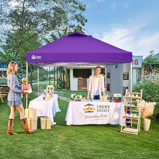 CROWN SHADES Canopy Tent 10x10 Pop Up Canopy Outdoor Shade with Pockets Sidewall Easy Up Sun Shelter with One Person Set Up Center Lock Portable Instant Camping Beach Canopy Tents Purple