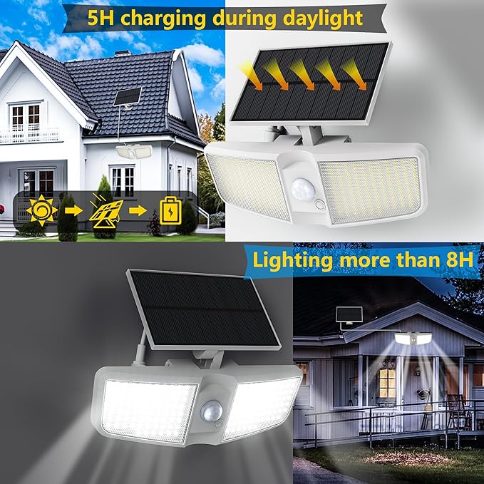 Solar Motion Sensor Outdoor Floodlights 6500K with Remote Control 180 LED WaterproofSolar Security Outdoor Light with IP65 for Wall Porch Barn Patio Garage White 4-PCS