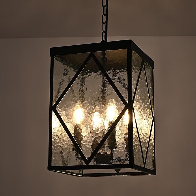 Outdoor Pendant Light with Water Ripple Glass 4-Light Exterior Hanging Porch Light Large Lantern Pendant Light Waterproof Black Outside Chandelier for House Front Door Patio Entrance