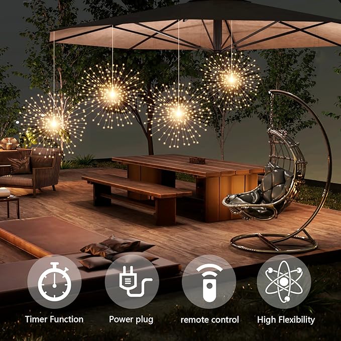 4 Pack 800 LED Plug in Starburst Sphere LightsFirework Light 8 Modes Dimmable Remote ControlWaterproof Copper Wire Hanging Fairy Lights for Patio Parties Tent Christmas (Warm White)