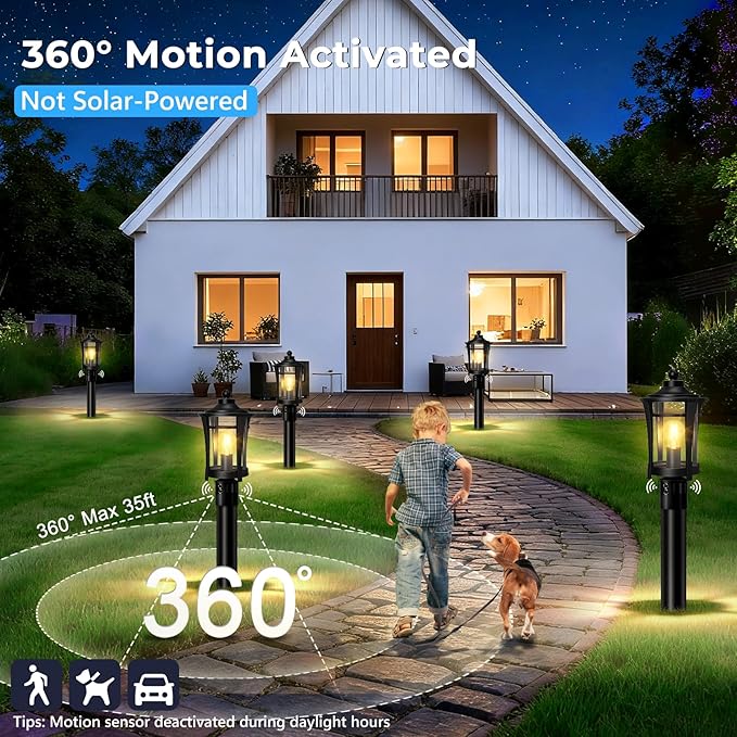 Lotsky Motion Sensor Outdoor Post Lights360°Detection Dusk to Dawn Lamp Posts Light Fixture with 3 ModesBlack Aluminum Hardwired Outside Pole Lantern for GardenDrivewayPatioWaterproofE26 Base