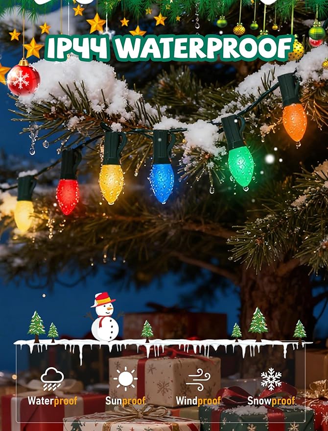 25Ft C7 LED Multicolor Christmas Lights Outdoor C7 Vintage Christmas String Lights with 25 Shatterproof Colorful Bulbs Hanging Retro Christmas Tree Lights for Party Backyard Garden Patio Holiday