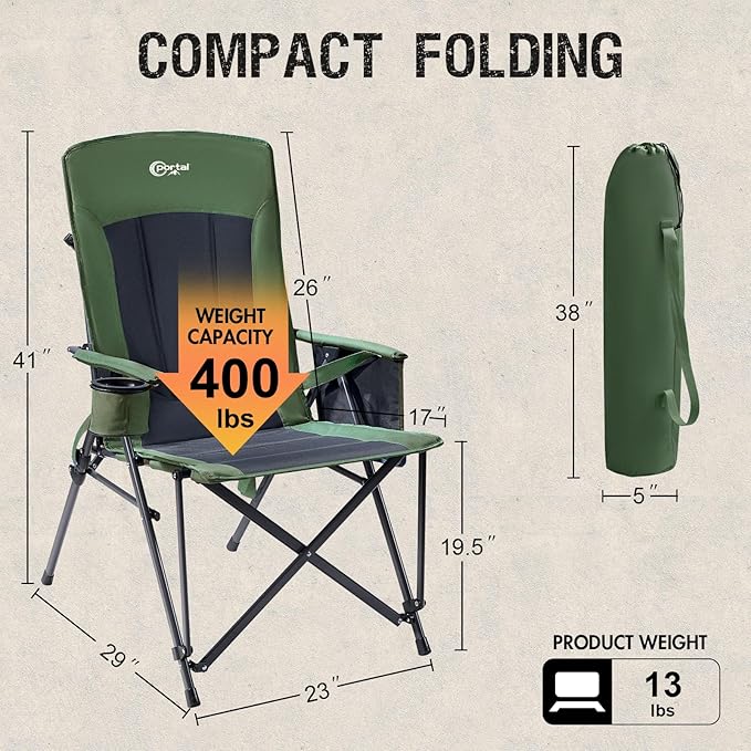 Portal Camping Chair with Lumbar Support for Adults Folding Portable High Back Oversized 400LBS