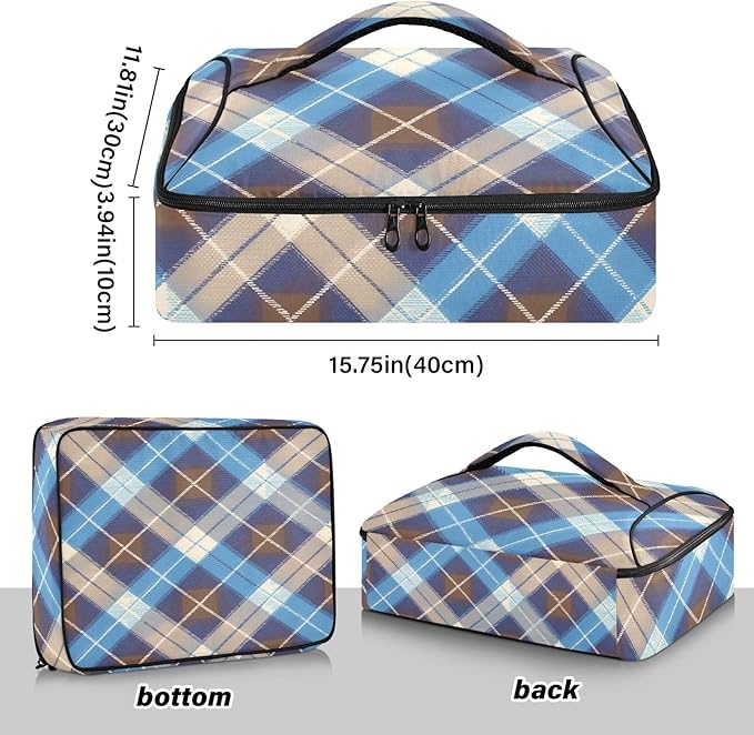 Casserole Carrier Blue Brown Tartan Insulated Casserole Carrier for Hot or Cold Food Thermal Lunch Tote for Parties Picnic Travel Carry Bag