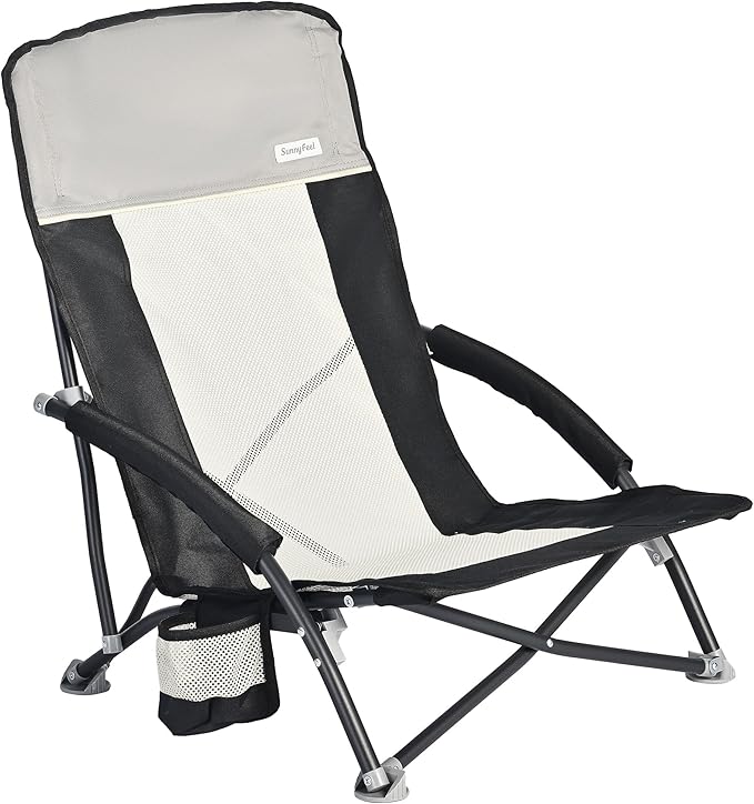 SUNNYFEEL Low Folding Beach Chair for Adults Portable Lightweight Sling Beach Camping Chairs with Cup Holder ArmrestFoldable Camp Lawn Chair for Outdoor Sand Concert Travel Sport Events300LBS