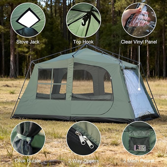 6-8 Person Camping Tent with Porch Large Family Cabin Tent with 2 Rooms 3 Doors Tall &amp Spacious Waterproof Glamping Tent Big Tents for Outdoor Camping Hiking Backyard
