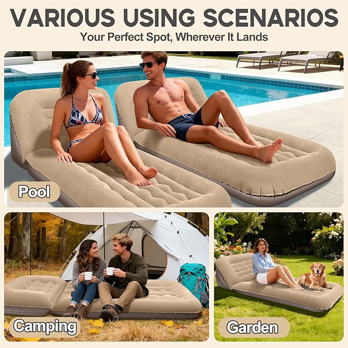 Luxfero Inflatable Couch for Camping Air Mattress with Adjustable Backrest Blow Up Couch for Adults with Flocked Surface Portable Inflatable Lounge Chair Air Sofa Bed for Indoor/Outdoor-No Pump