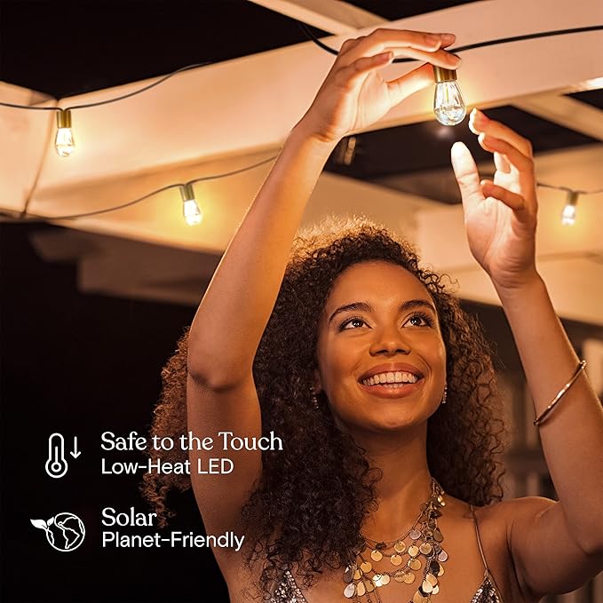Brightech Glow Solar LED String Lights - Commercial Grade Waterproof Patio Lights with Beautiful Brass Accents - Shatterproof LED Solar Outdoor String Lights - 1W Soft White Light - 27 Ft