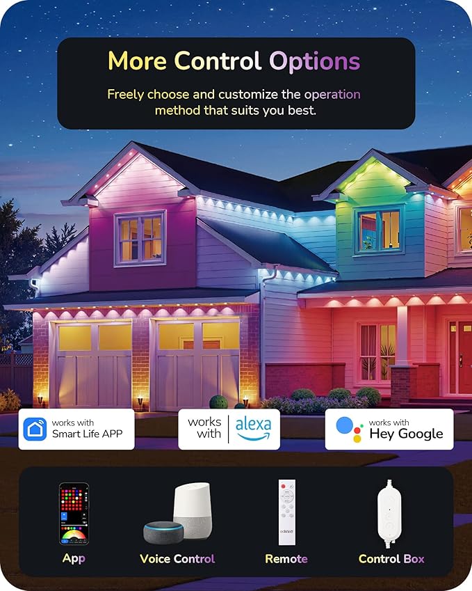 EDISHINE 150FT Cuttable Permanent Outdoor Lights 90 LED Smart RGB+IC+Warm White Eave Light 111+ Scene Modes App+Voice+Remote Control IP67 Waterproof for House New Year Decor Alexa Google Enable