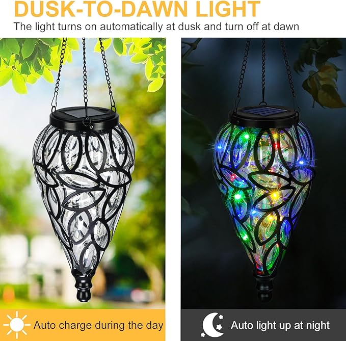 Solar Hanging Lantern Outdoor Lights Tear-Shaped 15 LEDs Multi-Color Hanging Lights with S Hooks Decor in Garden Yard Pathway Front Door and Landscape