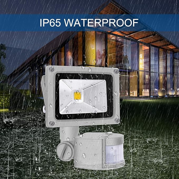 Z Motion Sensor Flood Lights Outdoor10W Induction LED Lamp IP65 Waterproof Spotlight3200K LED Sensor LightSecurity Light with US 3-Plug (Warm White-Grey)