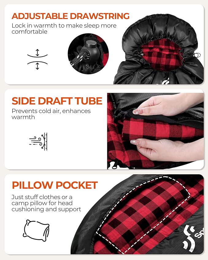 Sportneer 0 Degree Sleeping Bag for Cold Weather XL Winter Sleeping Bag for Adults Flannel Lined Camping Sleeping Bag 32°F–59°F Rated 87 x 33.5 4.4 lbs Detachable Hood Compression Sack