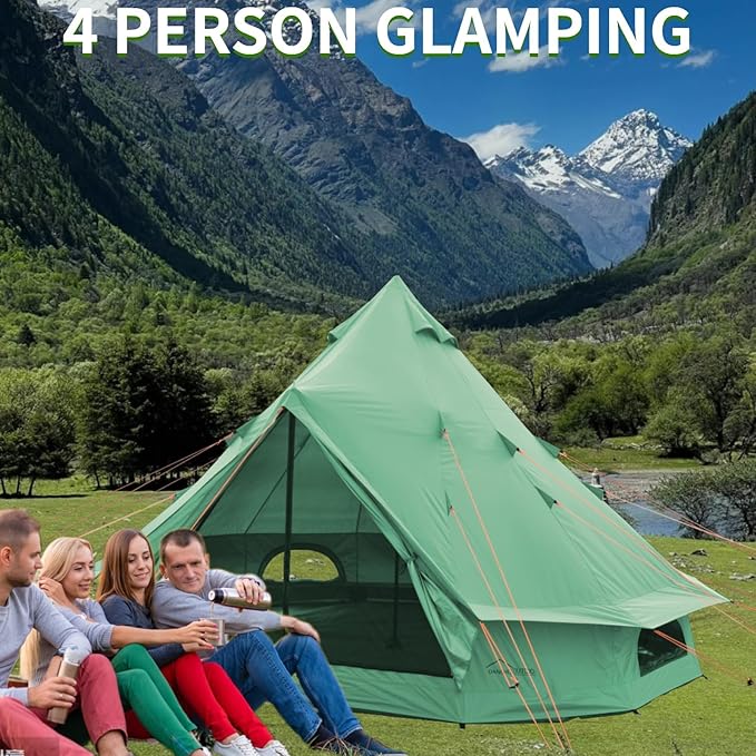 DANCHEL OUTDOOR B1 Portable Yurt with Footprint Waterproof 4-6 Persom Family Camping Bell Tent 300D Oxford Nylon UPF50+ Sun Protection Green 13ft/4m