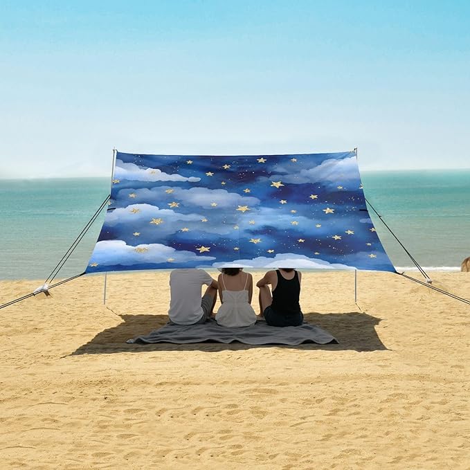 Bolaz Beach Canopy Tent Sun Shade9'×10.5' Large Family Beach Shade UPF50+- Outdoor Shade for Camping Trips FishingBlue White Watercolor Stars Pattern