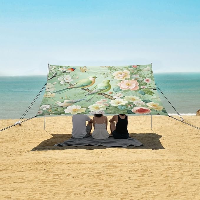 Cute Birds Green Beach Tent Sun Shelter 9.2' x 10.5' Beach Canopy with 4 Sandbags 4 Stability Poles Sand Shovels - Tent Canopy for Beach Camping Fishing Picnics