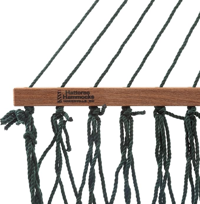Hatteras Hammocks Deluxe Green DuraCord Rope Hammock – 13 ft. x 60 in. 2-Person 450 lb Capacity Cumaru Spreader Bar Zinc-Plated Hardware – Handcrafted in The USA
