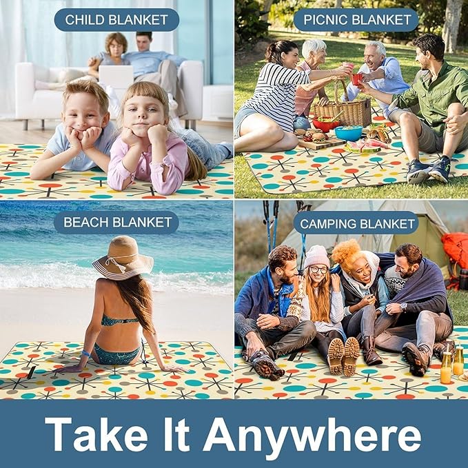 Modern Mid Century Seamless Abstract Pattern Waterproof Outdoor Picnic Blanket Sandproof Beach Mat for Camping Hiking Grass Travelling
