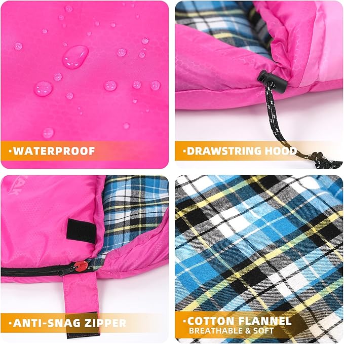 Cotton Flannel Lined Sleeping Bag for Adults Teens Kids Cold Weather &amp Warm 3 Seasons Lightweight Compact Camping Essentials Equipment Hiking Outdoor Travel