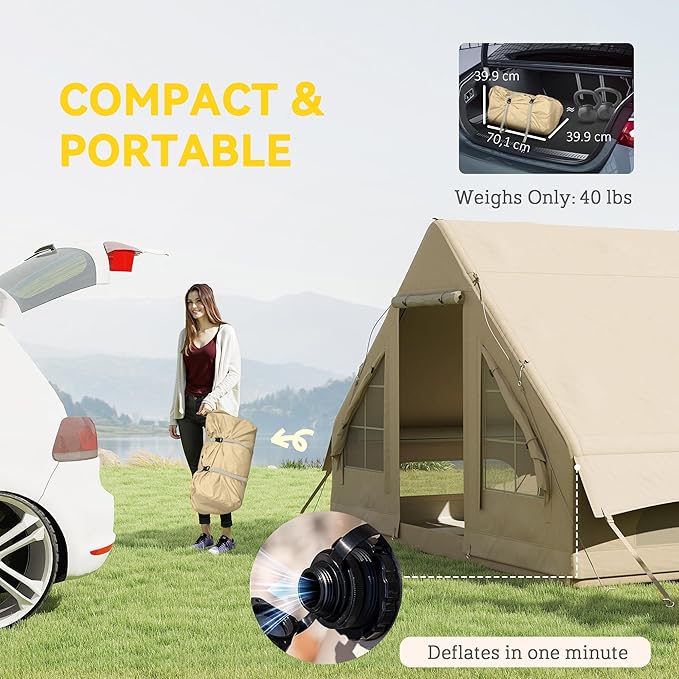 Outsunny Inflatable Tents for Camping Easy Setup Blow Up Tent 420D Oxford Windproof Waterproof 4 Season Glamping Tent with Pump and Carry Bag for 4-6 Person