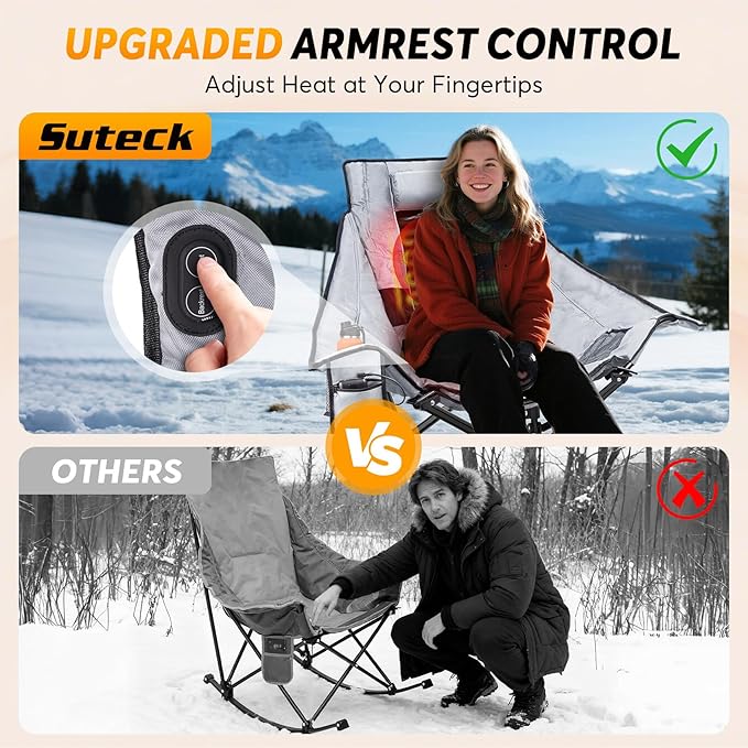 Suteck Heated Rocking Camping Chair - Oversized Heated Camping Chair W/20000mAh Power Bank &amp Carry Bag Fully Padded Heated Chairs for Outdoor Sports W/3 Heat Levels for Back &amp Seat Lawn Picn