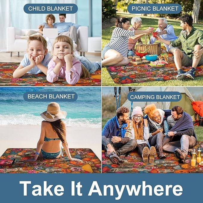 Mexican Folk Art Beach BlanketPortable Waterproof Picnic Blanket58.3''x 58.3'' Extra Large Picnic Mat for BeachCamping Grass Lawn Park Accessorie for Festival BBQ